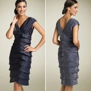 Adrianna Papell Metallic Blue Tiered Dress Size 8 Midi Shutter‎ Pleat Cocktail